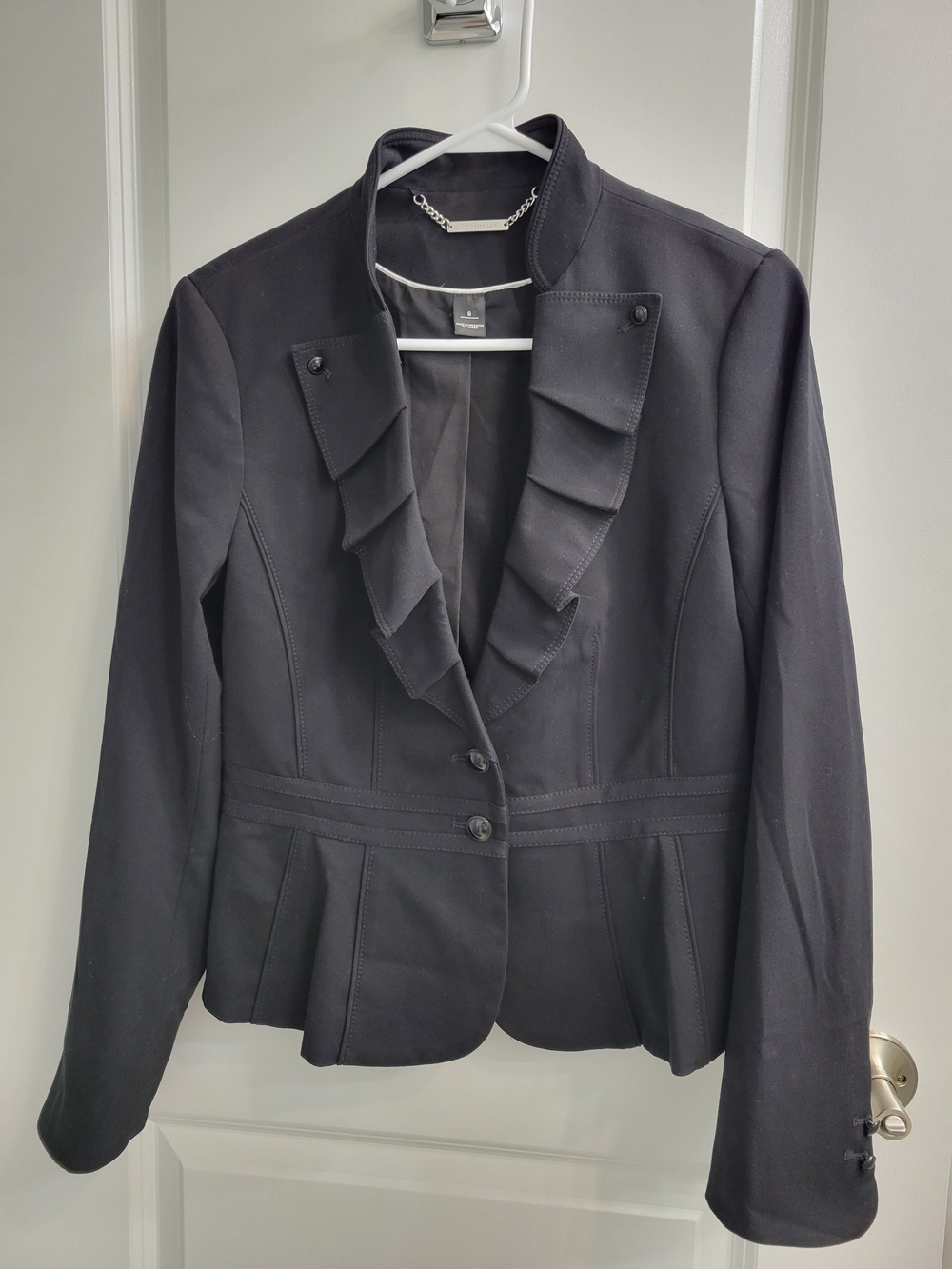 White House Black Market Black Ruffle Lapel Stand Collar Blazer Jacket Size 6